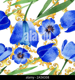 Tulipes fleurs botanique floral bleu. Contexte aquarelle illustration set. Motif de fond transparent. Banque D'Images