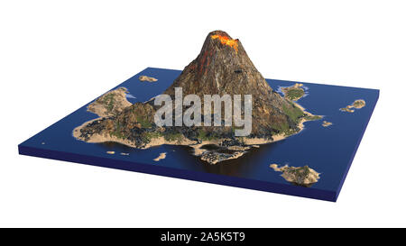 La lave du volcan en éruption, la section Modèle de l'île avec le volcanisme isolé sur fond blanc Banque D'Images