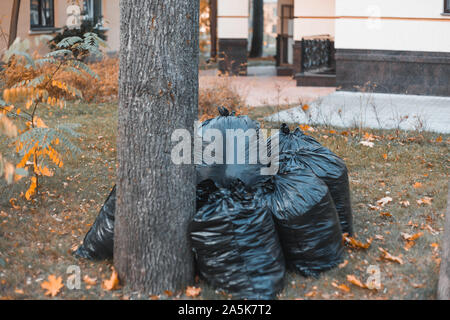 Sacs poubelles en plastique noir à l'automne en plein air Banque D'Images