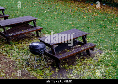 Tables et bancs de pique-nique en bois avec de l'herbe bien verte et une piscine électrique grill de style. Les feuilles d'automne couvrant le sol et sur les tables et bancs. Banque D'Images