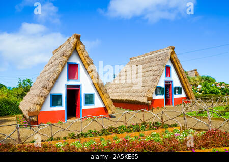 Maisons colorées traditionnelles dans la région de Santana, Madère, Portugal. Les petites maisons en bois, triangulaire, avec toit de chaume constituent une partie du patrimoine de l'île portugaise. Jardin de fleurs en premier plan. Banque D'Images