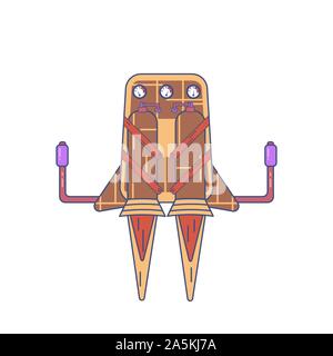 Jetpack couleur dessiné dans un style plat isolé sur un fond blanc avec le feu s'échappe de ses canalisations. Illustration de Vecteur