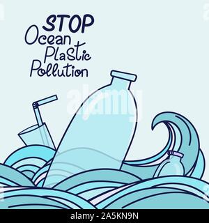 Enregistrer l'océan lettrage dessiné à la main. Les déchets en plastique, bouteille en plastique, conteners, les pailles et les couverts dans l'océan. Vector illustration dans doodle style. Protéger le concept de l'océan Illustration de Vecteur