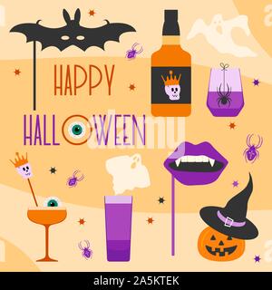 Halloween Party 2020 Vector illustration inscription Halloween party, verre, araignée, chauve-souris vampire, masque Masque de bouche, fantômes, Jack O'Lantern, chapeau de sorcière, Illustration de Vecteur