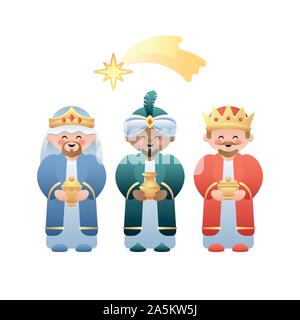 Illustration de Noël. Les trois rois ou les trois sages et l'étoile de Bethléem sur blanc. Cute cartoon caractères. Vector illustration. Illustration de Vecteur