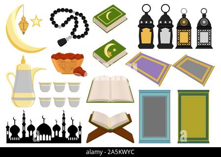 Illustration sur le thème grand ensemble de couleur différents types d'objection à fête vacances Ramadan kareem. Est constituée de collection religieuse Ramadan Illustration de Vecteur