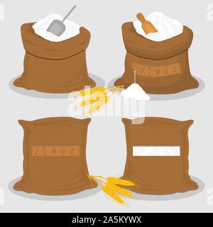 Illustration sur le thème gros définir différents types produit rempli de sacs de farine de blé. La farine de blé est constituée de sacs de collecte pour la cuisine bio Illustration de Vecteur