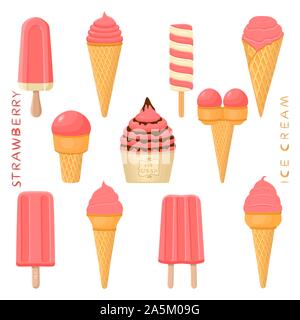 Illustration vecteur naturel de glace à la fraise sur le stick, en boules, cônes papier gaufre. La crème glacée composée de sweet lolly glaces froid, réglez tas Illustration de Vecteur
