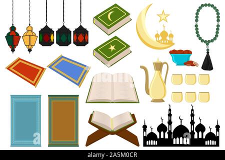 Illustration sur le thème grand ensemble de couleur différents types d'objection à fête vacances Ramadan kareem. Est constituée de collection religieuse Ramadan Illustration de Vecteur