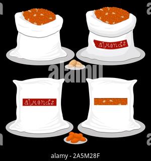 Vector illustration logo pour sacs remplis de noix amande brun, le stockage en sacs. Almond est constituée de venu les aliments, les matières produit sur sac ouvert. T Illustration de Vecteur