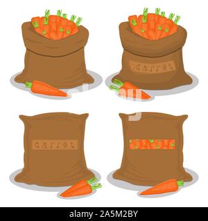Vector illustration pour sacs remplis de légumes carotte racine, stockage dans des sacs. La carotte est constituée de venu les aliments, les matières produit sur sac ouvert. Ta Illustration de Vecteur