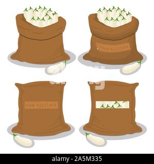Vector illustration logo pour sacs remplis de légumes entiers, aubergine blanche dans des sacs de stockage. Composé d'aubergines venu les aliments, les matières produit sur ouvrir Illustration de Vecteur