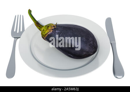 Aubergines fraîches sur la plaque avec fourchette et couteau, 3D Rendering isolé sur fond blanc Banque D'Images