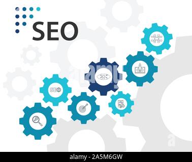 Infographies Seo design vectoriel. Timeline : concept de recherche d'optimisation, la gestion des données, d'une recherche d'icônes. Peut être utilisé pour rapport Illustration de Vecteur