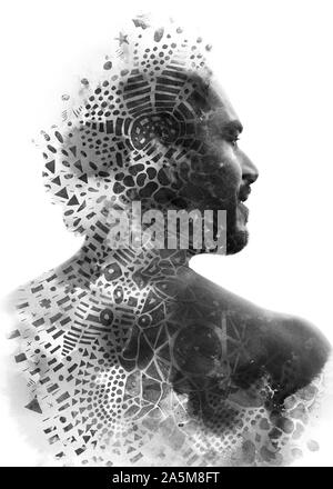 Paintography. L'exposition double portrait d'un homme avec de fortes caractéristiques combinées avec la peinture à la main avec des symboles Banque D'Images