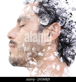 Paintography. L'exposition double portrait d'un homme avec de fortes caractéristiques combinées avec la peinture à la main de lignes répétitives qui se dissolvent dans sa peau Banque D'Images