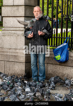 Les pigeons dans l'alimentation de l'homme, du parc St Stephen's Green, Dublin, Irlande, Banque D'Images