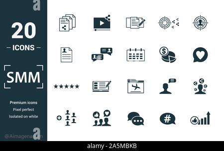 Smm icon set. Inclure des éléments de création, rédaction de contenu, l'information de l'utilisateur, la planification budgétaire, des hauts et des icônes de classification. Peut être utilisé pour rapport Illustration de Vecteur