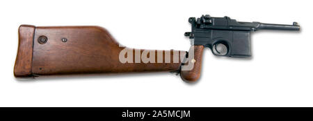 Un pistolet allemand broomhandle faite autour de 1926 avec un stock de l'épaule . Banque D'Images