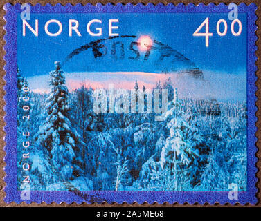 Norwegian taïga couverte de neige sur timbre-poste Banque D'Images