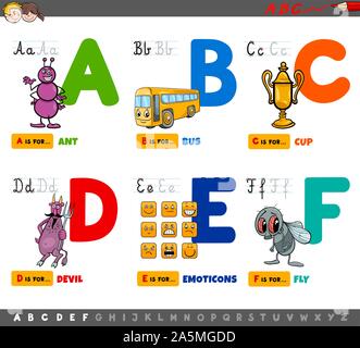 Cartoon Illustration de l'Alphabet Majuscules jeu éducatif pour la lecture et l'écriture de la pratique pour les enfants de A à F Illustration de Vecteur