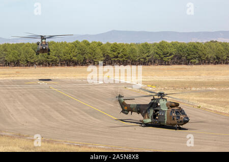 Un Eurocopter AS532 Cougar Espagnol et CH-47 Chinook avec groupe de travail "Toro taureaux noirs" décoller au cours de l'effort commun de noir à la base aérienne d'Almagro, Espagne, le 16 octobre 2019. L'accord bilatéral de formation de l'aviation de l'interopérabilité entre les États-Unis et les forces de l'armée espagnole. SPMAGTF-CR-AF est déployée pour effectuer d'intervention en cas de crise et le théâtre des opérations de la sécurité en Afrique et de promouvoir la stabilité régionale en effectuant des exercices de formation militaire dans toute l'Europe et l'Afrique. (U.S. Marine Corps photo par le Cpl. Kenny Gomez) Banque D'Images