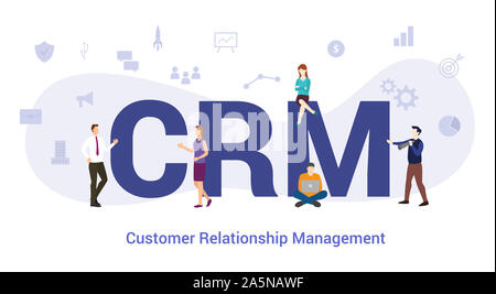 Crm customer relationship management concept avec grand mot ou texte et de l'équipe de personnes avec une télévision moderne style - vector illustration Banque D'Images