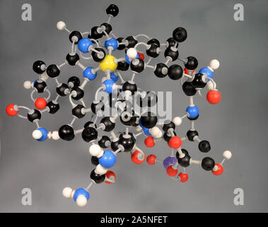 Modèle de molécule de vitamine B12. L'hydrogène est blanc, noir de carbone est, le rouge est l'oxygène, le phosphore est violet et jaune est le Cobalt. Banque D'Images