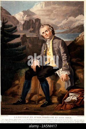 Jean Jacques Rousseau en Suisse, persécuter et sans asile. Aquatinte de Charon d'après Boucher. 19eme siecle. Banque D'Images