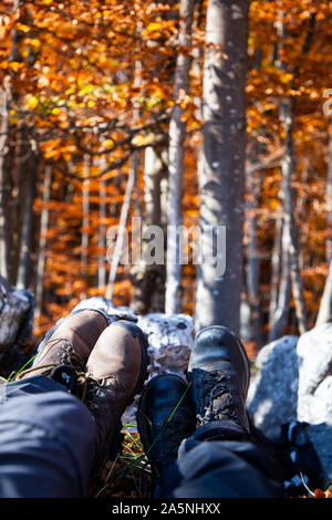 Chaussures de randonnée en couple relaxing in autumn forest Banque D'Images