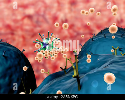 Domaine des cellules avec des récepteurs, les droits de l'attaque du système immunitaire, le virus attaque les cellules du virus Banque D'Images