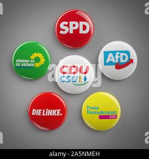 Des boutons les groupes parlementaires du Bundestag allemand 2019, SPD, CDU/CSU, le FDP, les Verts, la gauche, l'AfD, studio shot, Allemagne Banque D'Images