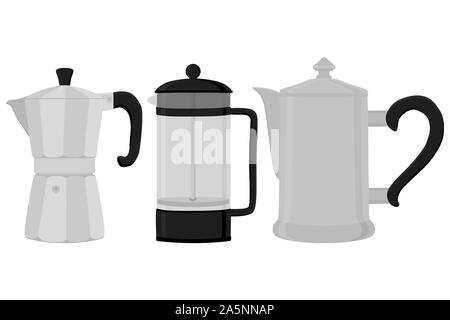 Illustration sur le thème grand ensemble de couleur différents types des cafetières, bouilloires de taille différente. La cafetière est constituée de collection accessoire pour ke Illustration de Vecteur