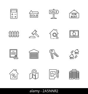 L'immobilier, Chambre contours icons set - symbole noir sur fond blanc. L'immobilier, Chambre Simple Illustration Symbole - bordée de simplicité signe. Télévision V Illustration de Vecteur