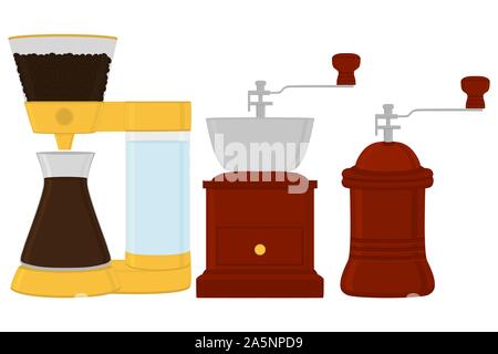 Illustration sur le thème grand ensemble de couleur différents types de moulin à café, différentes tailles de broyeurs. Mill est constituée de collection accessoire pour Illustration de Vecteur