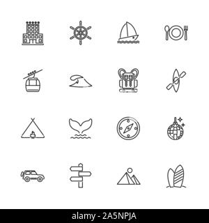 Vacances, tourisme, Voyage contours icons set - symbole noir sur fond blanc. Vacances, tourisme, Voyage Simple Illustration Symbole - bordée simplicit Illustration de Vecteur