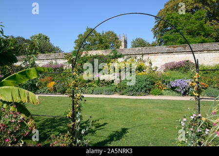 Treillis, frontière herbacées et jardin clos de l'Université d'Oxford Botanic Garden Oxford Angleterre Banque D'Images