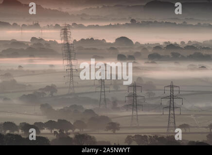 Vale Marshwood, Bridport, Dorset, UK. 22 octobre 2019. Météo France : Arbres et pylônes à émerger de la brume matinale de couches à Marshwood Vale, le froid d'un matin d'automne. Credit : Celia McMahon/Alamy Live News. Banque D'Images