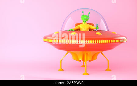 Illustration de l'OVNI avec alien vert sur fond rose. 3D illustration Banque D'Images