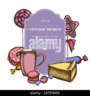 La conception d'un insigne de couleur avec macaron, sucette, bonbons, sucette, cheesecake, tasses donut images illustrations Illustration de Vecteur