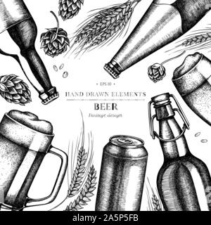 Design Floral noir et blanc avec le seigle, hop, bière, bouteilles de bière, l'aluminium peut images illustrations Illustration de Vecteur