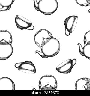 Modèle sans couture avec le noir et blanc des théières, tasses images illustrations Illustration de Vecteur