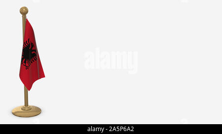 L'Albanie drapeau 3D illustration accroché sur le mât d'or. Isolé sur fond blanc avec l'espace sur le côté droit. Banque D'Images