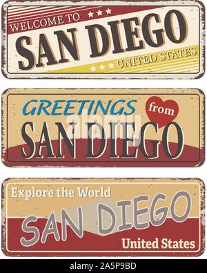 San Diego Vintage tin sign collection avec USA Nom de ville. Signe ou une carte postale souvenir rétro des modèles sur vieux métal arrière-plan. Thème de voyage. Illustration de Vecteur