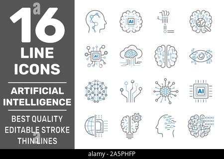 L'intelligence artificielle icons set. Contours ensemble d'icônes vectorielles d'intelligence artificielle pour la conception web isolé sur fond blanc. Course modifiable Illustration de Vecteur