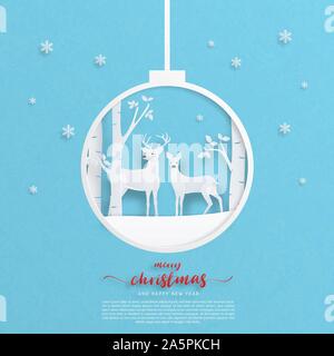 Faites de l'artisanat numérique couple cerf sur névé avec forêt arbres et la chute des flocons en papier coupé style. Vector illustration. De conception ancienne, la bannière Illustration de Vecteur