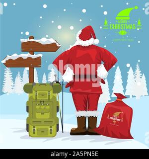 Le Père Noël à la flèche avec un paysage d'hiver et les flocons de neige. Cartoon vector illustration. Illustration de Vecteur