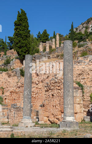 Des colonnes en ruines, une colonnade spartiate ou agora marketplace, Delphes, Grèce Banque D'Images