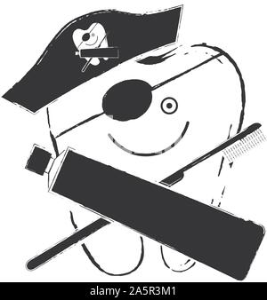 Le noir et blanc vector illustration of stylisé dents en tant que pirate. Brosse à dents de passage et le dentifrice. Illustration de Vecteur