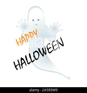 Happy Halloween autocollant avec un friendly ghost blanc Illustration de Vecteur